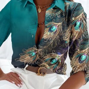 Loose Casual Buttoned Feather Pattern Blouse, Shirts & Blouses, color:Green|size:4X, JustFashionNow
