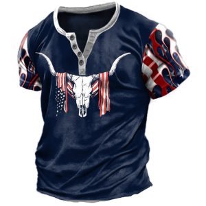 Men's Henley T-Shirt Vintage Yellowstone American Flag Print Graphic Short Sleeve Everyday Casual Tee Blue, T-Shirts, , COTOSEN, Apparel Online, Cheap Clothes, Buy Now