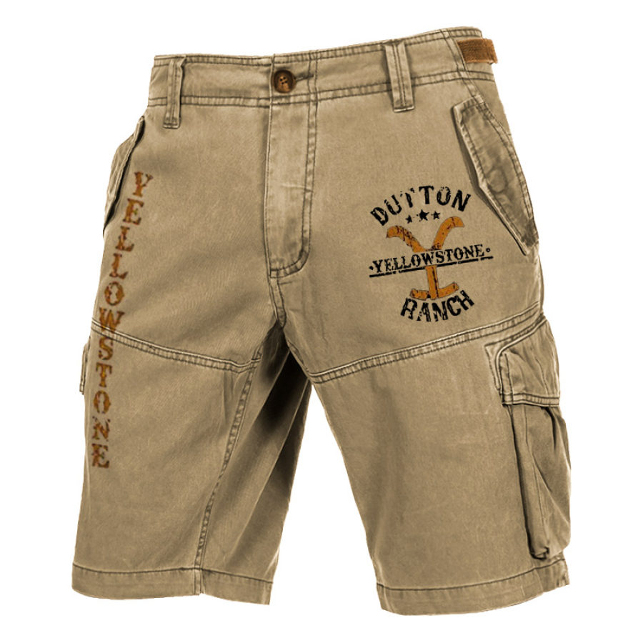Men's Shorts Vintage Yellowstone Print Graphic Multi Pocket Cargo Shorts Khaki, Shorts, , COTOSEN, Apparel Online, Cheap Clothes, Buy Now
