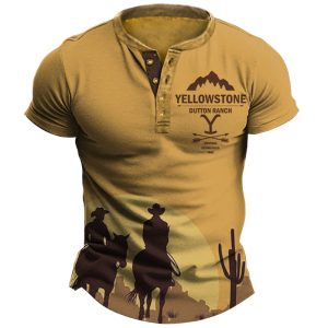 Men's Henry T-Shirt Vintage Yellowstone Western Cowboy Print Graphic Short Sleeve Everyday Casual Tee, T-Shirts, , COTOSEN, Apparel Online, Cheap Clothes, Buy Now