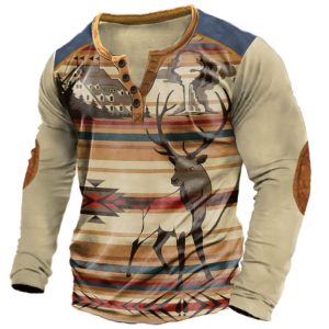 Men's Henry T-shirt Retro Ethnic Style Elk Color Matching Printing Pattern Long Sleeve Daily Casual Tee Khaki, T-Shirts, , COTOSEN, Apparel Online, Cheap Clothes, Buy Now