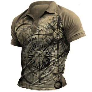 Men's Outdoor Vintage Nautical Compass Print Polo Collar Shirt, T-Shirts, , COTOSEN, Apparel Online, Cheap Clothes, Buy Now