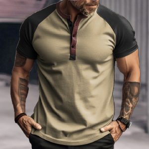 Men's Outdoor Retro Solid Color Stitching Henley Collar T-Shirt, T-Shirts, , COTOSEN, Apparel Online, Cheap Clothes, Buy Now