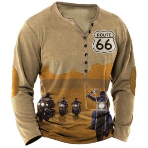 Men's Henley T-Shirt Vintage Motorcycle Route 66 Print Long Sleeve Daily Casual, T-Shirts, , COTOSEN, Apparel Online, Cheap Clothes, Buy Now