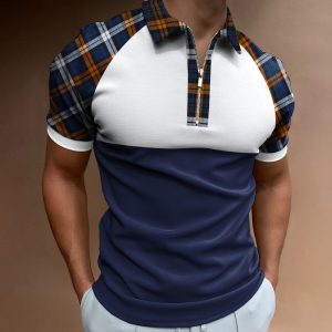 Men's Casual Plaid Pattern Print Color Matching Short Sleeve Zipper Polo Shirt, T-Shirts, , COTOSEN, Apparel Online, Cheap Clothes, Buy Now