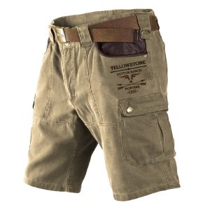 Men's Shorts Vintage Yellowstone Print Pattern Pocket Leather Panel Cargo Shorts Khaki, Shorts, , COTOSEN, Apparel Online, Cheap Clothes, Buy Now