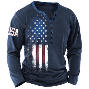 Men's Henley T-Shirt Vintage American Flag USA Print Graphic Long Sleeve Everyday Casual Blue, T-Shirts, , COTOSEN, Apparel Online, Cheap Clothes, Buy Now