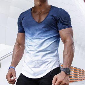 Men's Casual Slim Short Sleeve T-Shirt Sports Fitness Running Gradient V Neck Tops, T-Shirts, , COTOSEN, Apparel Online, Cheap Clothes, Buy Now