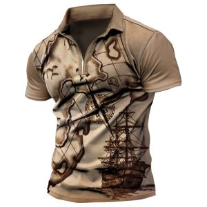 Men's T-Shirt Retro Nautical Print Pattern Half Zipper Lapel Short Sleeve Daily Casual Tee, T-Shirts, , COTOSEN, Apparel Online, Cheap Clothes, Buy Now