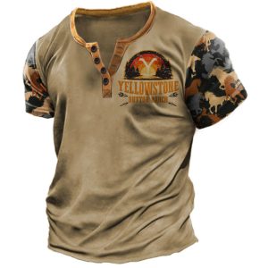 Men's Henry T-Shirt Vintage Yellowstone Print Graphic Short Sleeve Everyday Casual Tee Khaki, T-Shirts, , COTOSEN, Apparel Online, Cheap Clothes, Buy Now