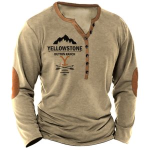Men's Henley T-Shirt Vintage Yellowstone Print Graphic Long Sleeve Everyday Casual Khaki, T-Shirts, , COTOSEN, Apparel Online, Cheap Clothes, Buy Now