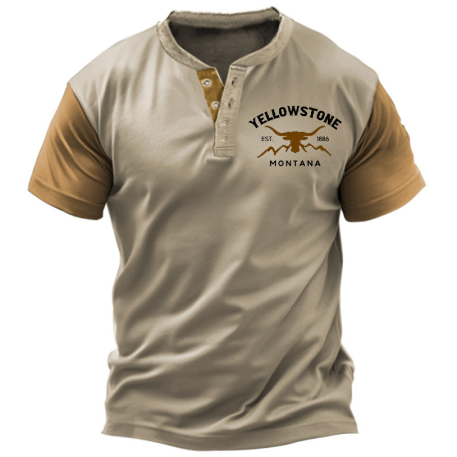 Men's Henley T-Shirt Vintage Yellowstone Print Graphic Short Sleeve Everyday Casual Tee, T-Shirts, , COTOSEN, Apparel Online, Cheap Clothes, Buy Now