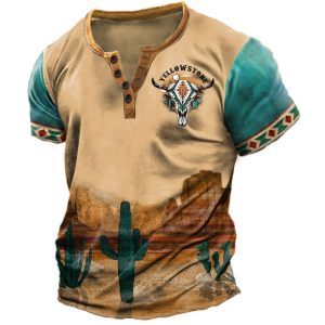 Men's Henry T-Shirt Vintage Yellowstone Desert Bull Head Print Graphic Short Sleeve Daily Casual Tee, T-Shirts, , COTOSEN, Apparel Online, Cheap Clothes, Buy Now
