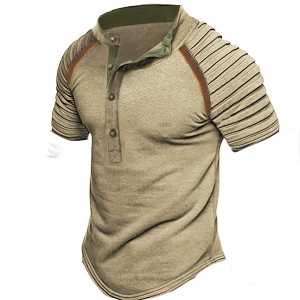 Men's Retro Contrast Henley Stand Collar Short Sleeve T-Shirt, T-Shirts, , COTOSEN, Apparel Online, Cheap Clothes, Buy Now