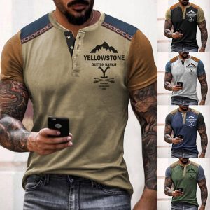 Men's Henley T-Shirt Yellowstone Ethnic Color Block Short Sleeve Summer Top, T-Shirts, , COTOSEN, Apparel Online, Cheap Clothes, Buy Now