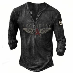 Mens Legendary Wings Button-down Henry T-shirts, T-Shirts, , COTOSEN, Apparel Online, Cheap Clothes, Buy Now
