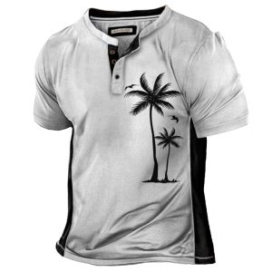 Men's Outdoor Coconut Tree Vacation Colorblock Henley T-Shirt, T-Shirts, , COTOSEN, Apparel Online, Cheap Clothes, Buy Now