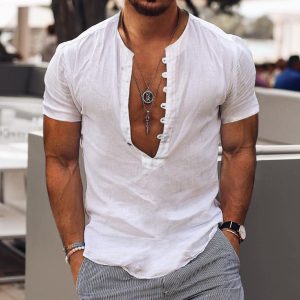 Men's Linen Simple Design V-Neck Short Sleeve Shirt, T-Shirts, , COTOSEN, Apparel Online, Cheap Clothes, Buy Now