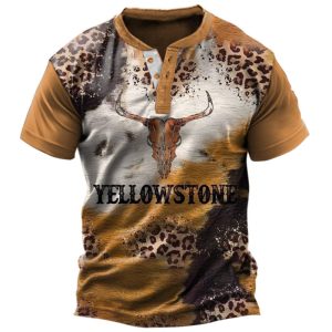 Men's Henley T-Shirt Vintage Yellowstone Leopard Print Graphic Short Sleeve Everyday Casual Tee, T-Shirts, , COTOSEN, Apparel Online, Cheap Clothes, Buy Now