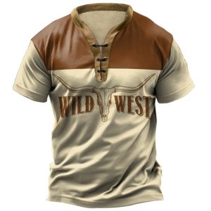 Men's T-shirt Wild West Cowboy Print Pattern Color Matching Retro V-neck Casual Short-sleeved Top, T-Shirts, , COTOSEN, Apparel Online, Cheap Clothes, Buy Now