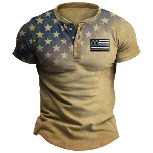 Men's Henley T-Shirt Vintage American Flag Embroidered Graphic Short Sleeve Everyday Casual Tee Khaki, T-Shirts, , COTOSEN, Apparel Online, Cheap Clothes, Buy Now