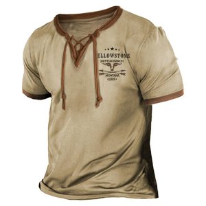 Men's Vintage Western Yellowstone Lace-Up T-Shirt, T-Shirts, , COTOSEN, Apparel Online, Cheap Clothes, Buy Now