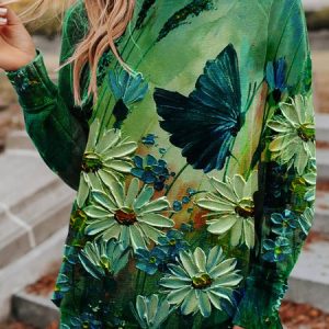 Green Crew Neck Knitted Vintage Floral Tunic Sweatshirt, Hoodies & Sweatshirts, color:Green|size:3XL, Noracora