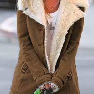 Women Casual Plain Turn-Down Collar Buttoned Long Sleeve Coat, Coats, color:Khaki|size:3XL, Noracora