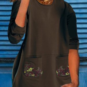 Casual Floral Crew Neck Long Sleeve T-shirt, T-shirts, color:Deep Brown|size:5XL, Noracora