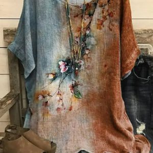 Linen Floral Loose Crew Neck Shirt, Shirts & Blouses, color:Rust|size:XXL, JustFashionNow