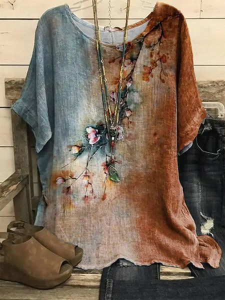 Linen Floral Loose Crew Neck Shirt, Shirts & Blouses, color:Rust|size:XXL, JustFashionNow