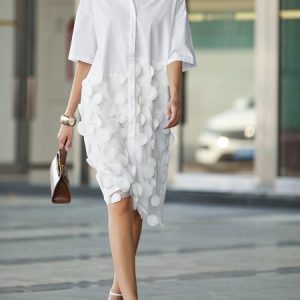 Urban Plain Shirt Collar Short sleeve Midi Dress Shirt Dress With No, Midi Dresses, color:White|size:XXL, Stylewe