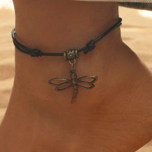 Boho Vintage Dragonfly Pattern Leather Rope Anklet Beach Vacation Jewelry, Anklets, color:Black|size:One-size, JustFashionNow