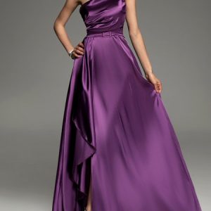 Wedding Vintage Plain Regular Fit One Shoulder Guest Dress, Maxi Dresses, color:Purple|size:XL, Stylewe