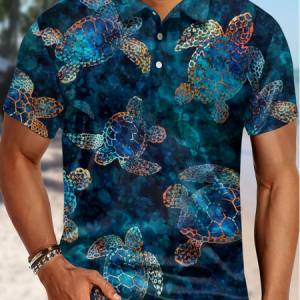 Men's Sea Turtle Print Polo Collar Regular Fit Urban Polo Shirt, T-shirts, Lilicloth.com
