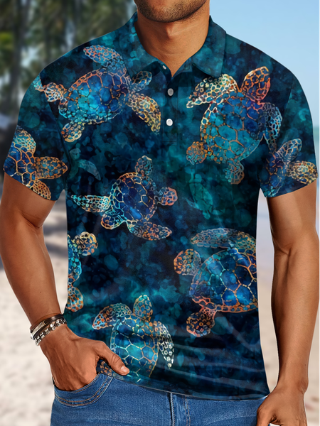 Men's Sea Turtle Print Polo Collar Regular Fit Urban Polo Shirt, T-shirts, Lilicloth.com