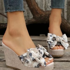 Floral Botanical Graphic Linen Wedge Sandals, Sandals, color:White|size:42, JustFashionNow