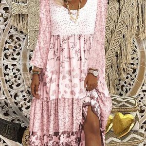 Floral Printed Long Sleeve Sweet Boho Dress, Midi, color:Pink|size:XXL, Noracora