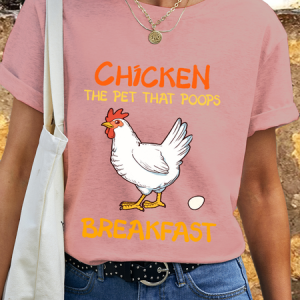 Women's Funny Chicken Gift Chickens Poops Breakfast Cotton Animal Loose Simple T-Shirt, color:Pink|size:3XL, Lilicloth.com