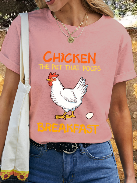Women's Funny Chicken Gift Chickens Poops Breakfast Cotton Animal Loose Simple T-Shirt, color:Pink|size:3XL, Lilicloth.com