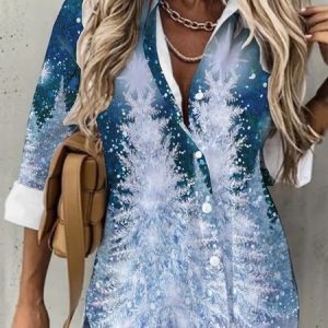 Long sleeve Shawl Collar Casual Christmas Loose Blouse, Shirts, color:Blue|size:XXL, Noracora
