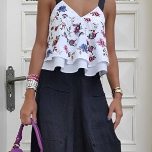 Floral Spaghetti Loose Vacation Tank Top, Tanks and Camis, color:White|size:XXL, Stylewe
