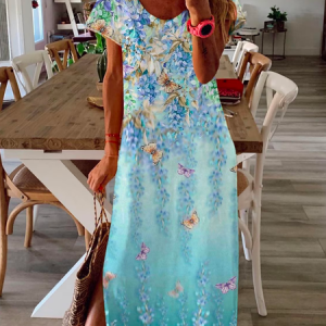 Floral Crew Neck Casual Dress, Dresses, color:Blue|size:XXL, JustFashionNow