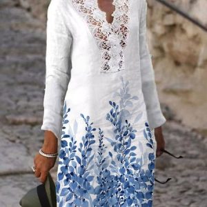 Women Leaf V Neck Long Sleeve Comfy Casual Midi Dress, Dresses, color:White|size:XXL, Noracora
