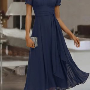 Plain Chiffon Crew Neck Casual Dress, Maxi, color:Blue|size:XXL, Noracora
