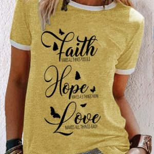 Women's Faith Hope Love Casual Letters Crew Neck T-Shirt, color:Yellow|size:3XL, Lilicloth.com