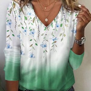 Loose Casual V Neck Floral T-Shirt, T-Shirts, color:Green|size:XXL, JustFashionNow