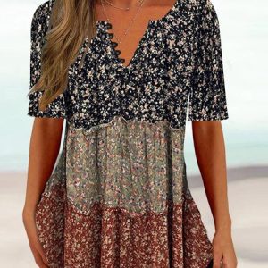 V Neck Floral Regular Fit Casual Shirt, Shirts & Blouses, color:Multicolor|size:XXL, JustFashionNow