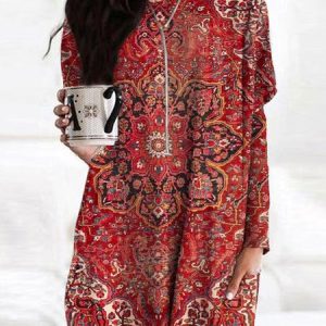 Loose Casual Ethnic Crew Neck Shirt, Shirts & Blouses, color:Red|size:XXL, JustFashionNow