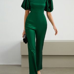 Regular Fit Elegant Plain Square Neck Jumpsuit, Jumpsuits, color:Green|size:XXL, Stylewe